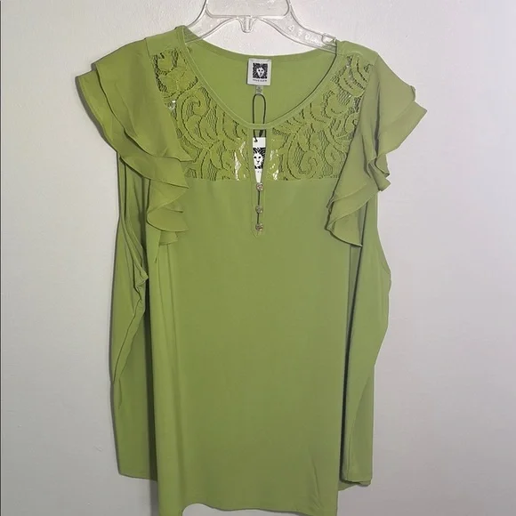 Anne Klein Green Ruffled Blouse with Lace Neckline - Picture 1 of 5